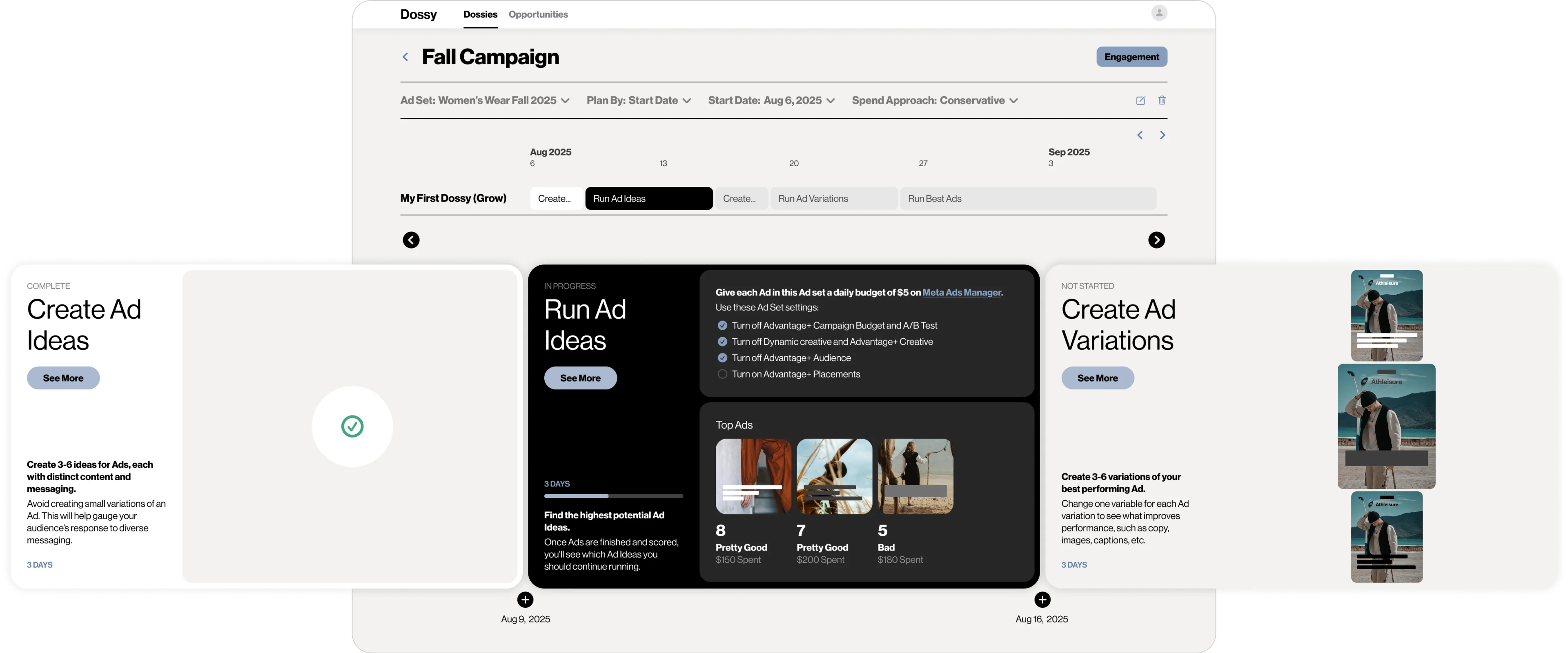 Dossy ‘Fall Campaign’ dashboard showing a carousel of ad-idea tasks and a timeline progress bar.
