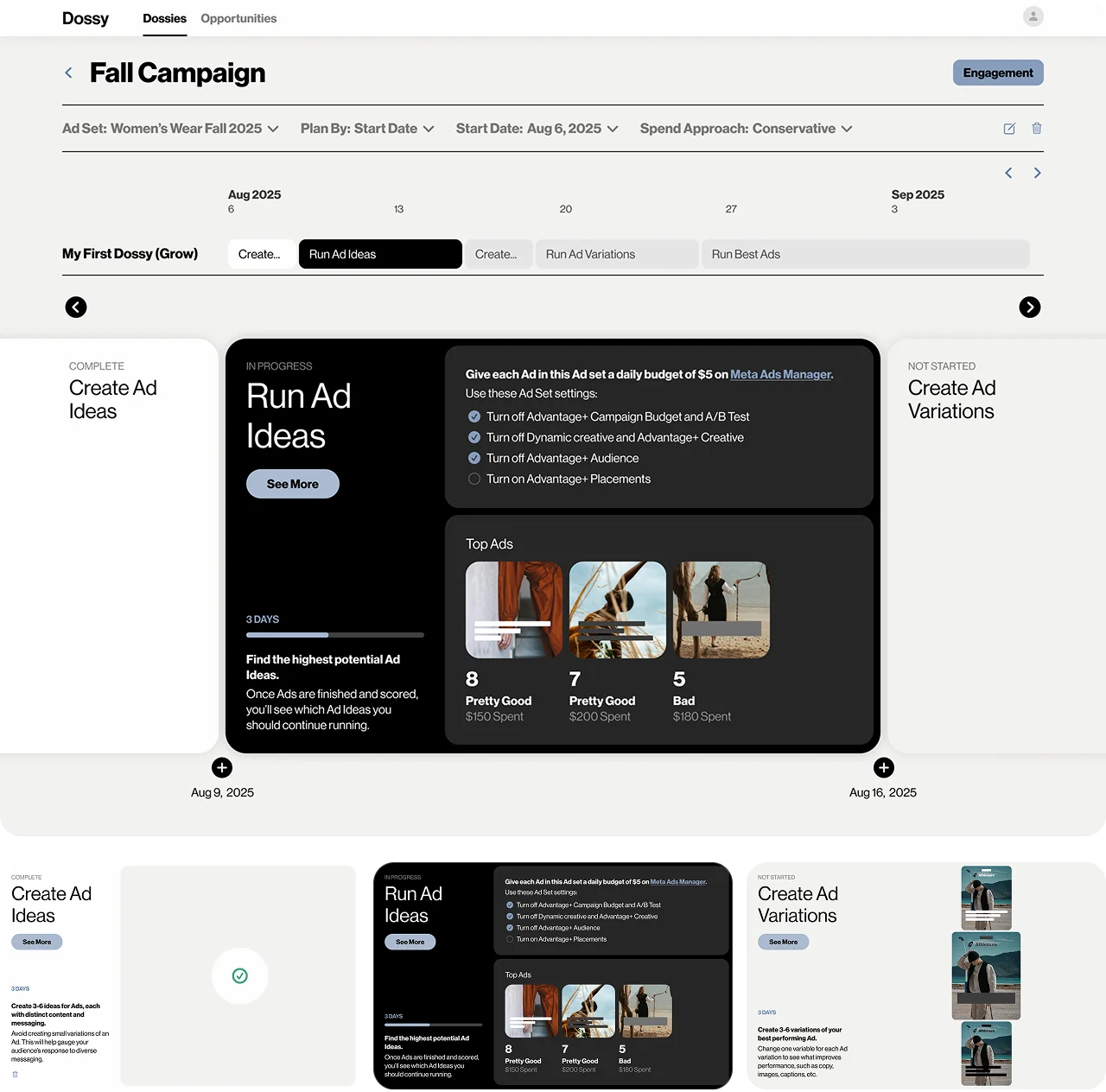 Dossy ‘Fall Campaign’ dashboard showing a carousel of ad-idea tasks and a timeline progress bar.